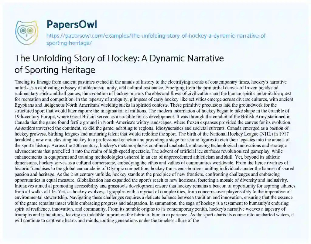 Essay on The Unfolding Story of Hockey: a Dynamic Narrative of Sporting Heritage