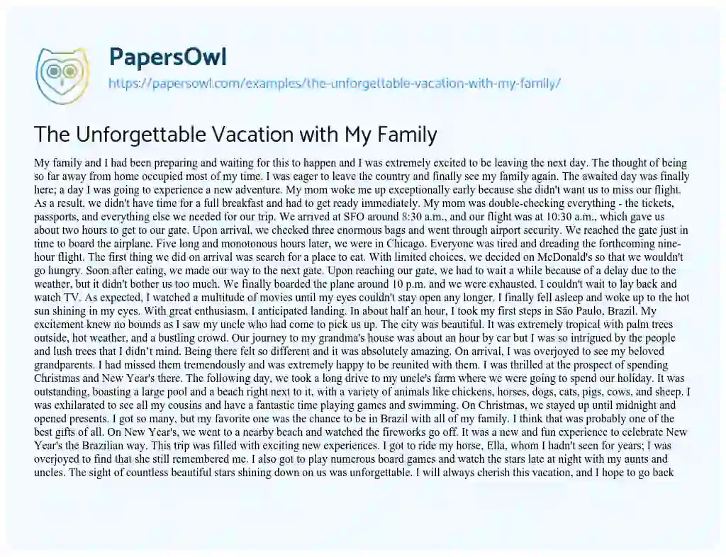 Essay on The Unforgettable Vacation with my Family