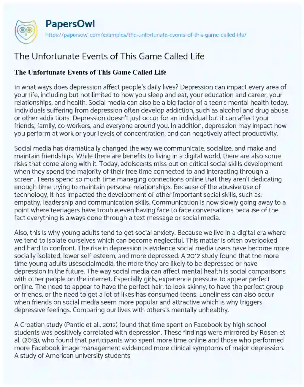 Essay on The Unfortunate Events of this Game Called Life