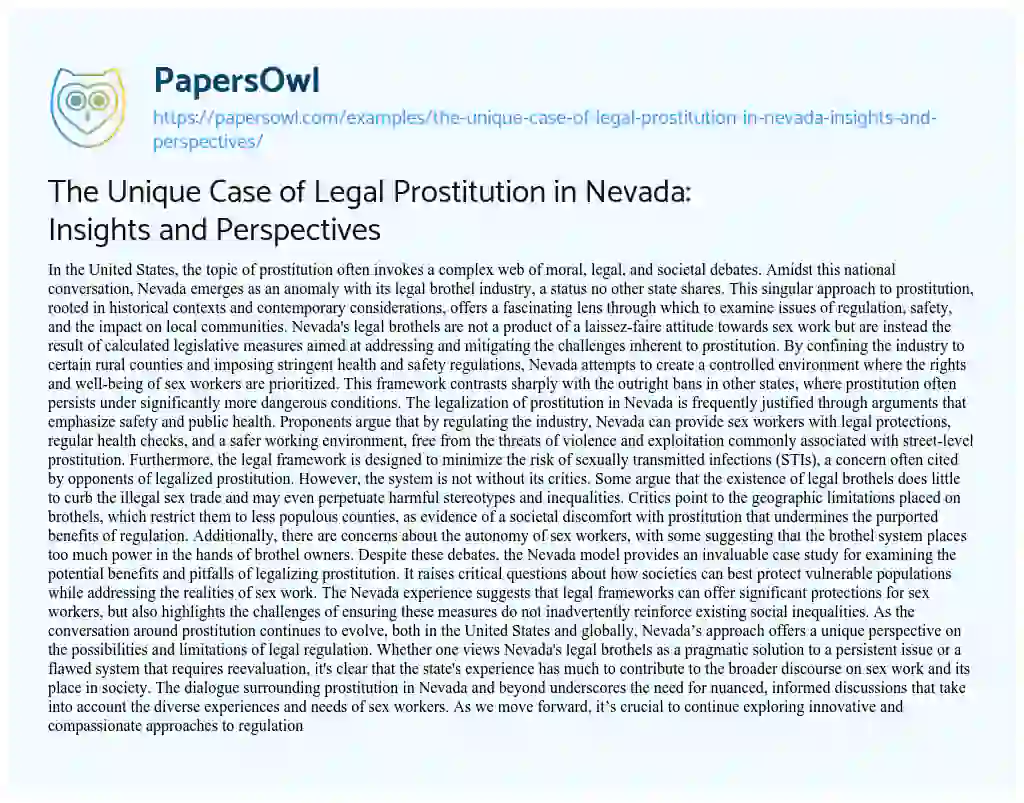 Essay on The Unique Case of Legal Prostitution in Nevada: Insights and Perspectives
