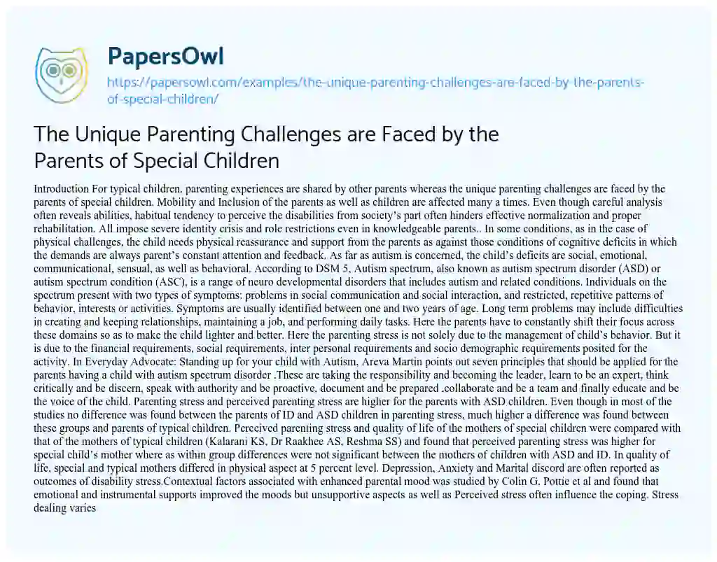 Essay on The Unique Parenting Challenges are Faced by the Parents of Special Children