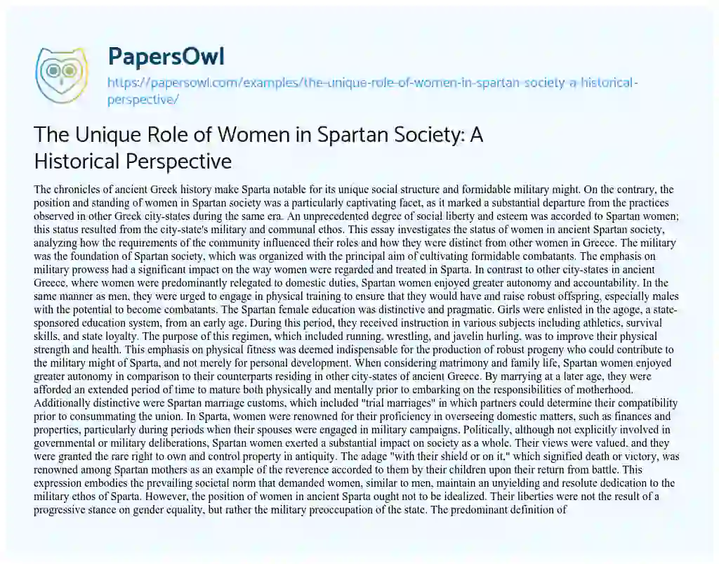Essay on The Unique Role of Women in Spartan Society: a Historical Perspective