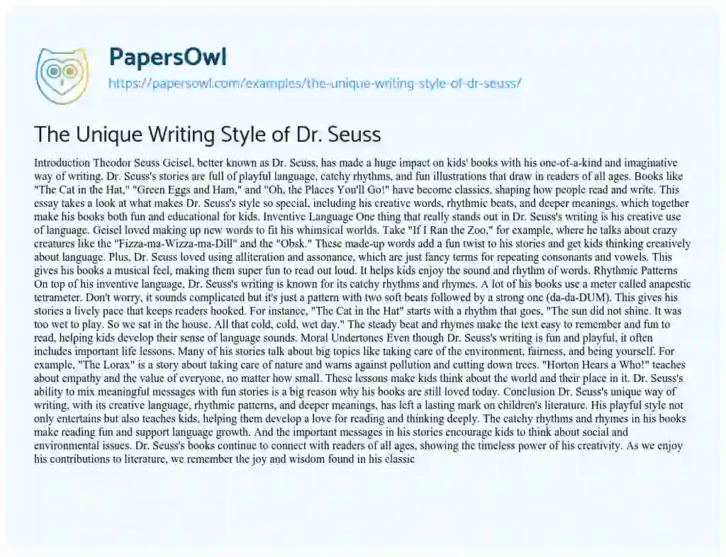 Essay on The Unique Writing Style of Dr. Seuss