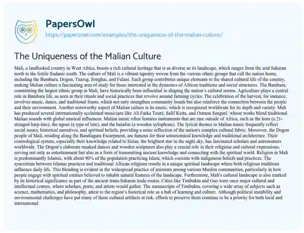 Essay on The Uniqueness of the Malian Culture