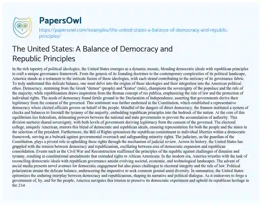 Essay on The United States: a Balance of Democracy and Republic Principles