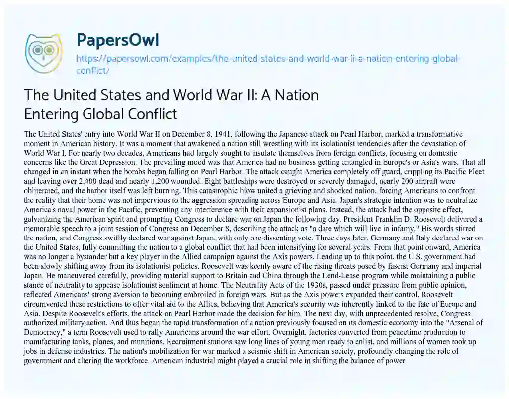 Essay on The United States and World War II: a Nation Entering Global Conflict