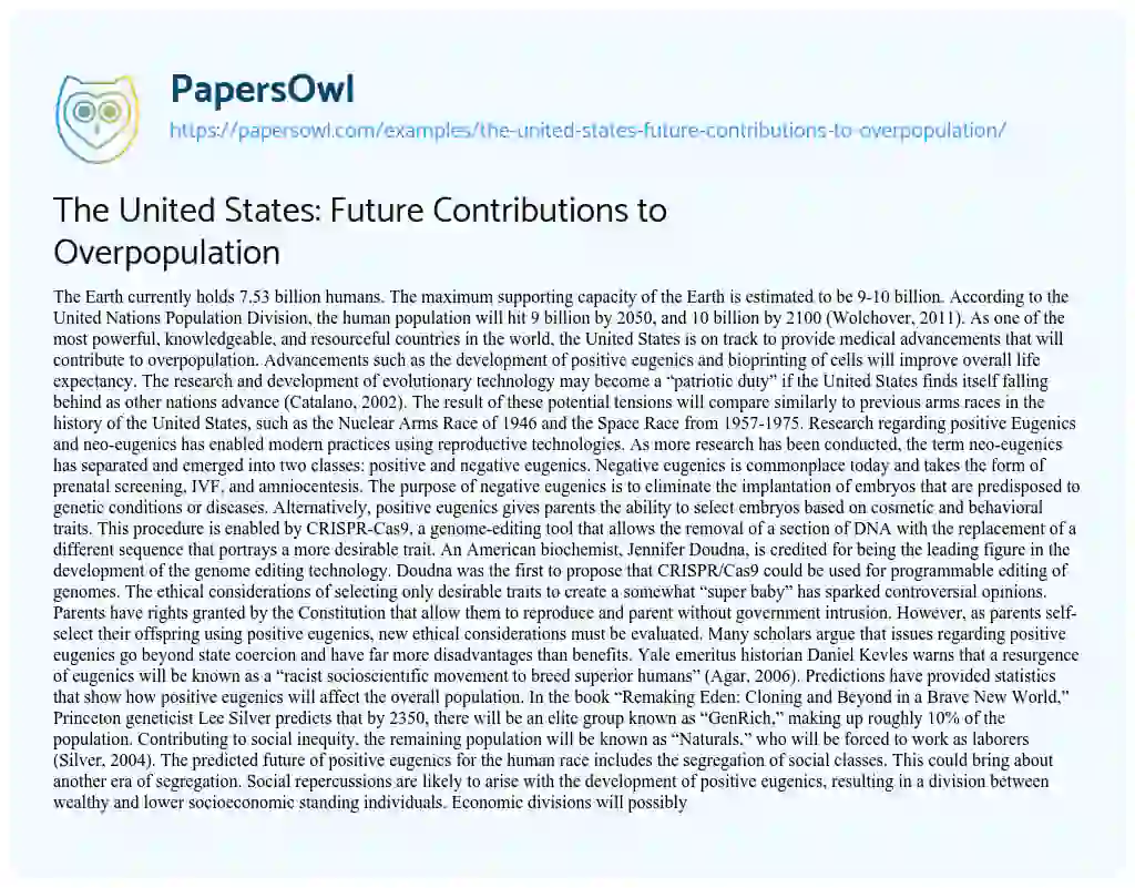 The United States: Future Contributions to Overpopulation essay