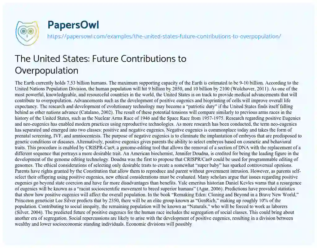 Essay on The United States: Future Contributions to Overpopulation