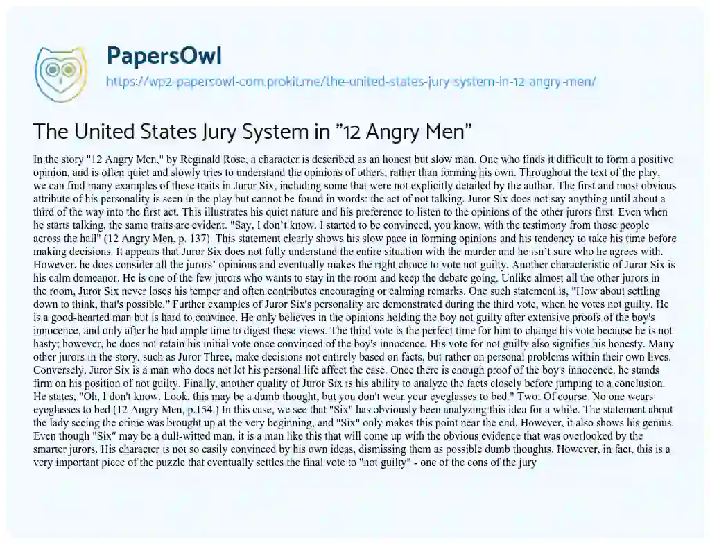 Essay on The United States Jury System in “12 Angry Men”