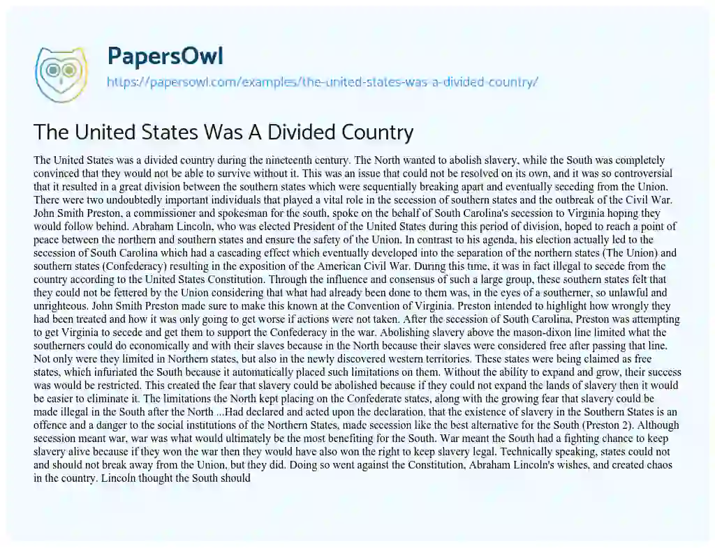 Essay on The United States was a Divided Country
