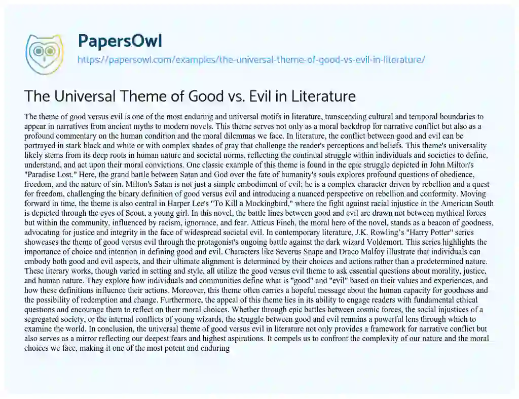 Essay on The Universal Theme of Good Vs. Evil in Literature