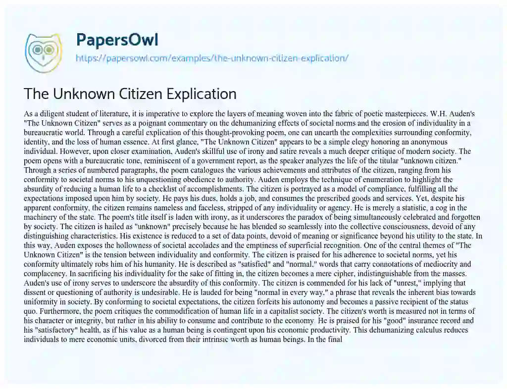Essay on The Unknown Citizen Explication
