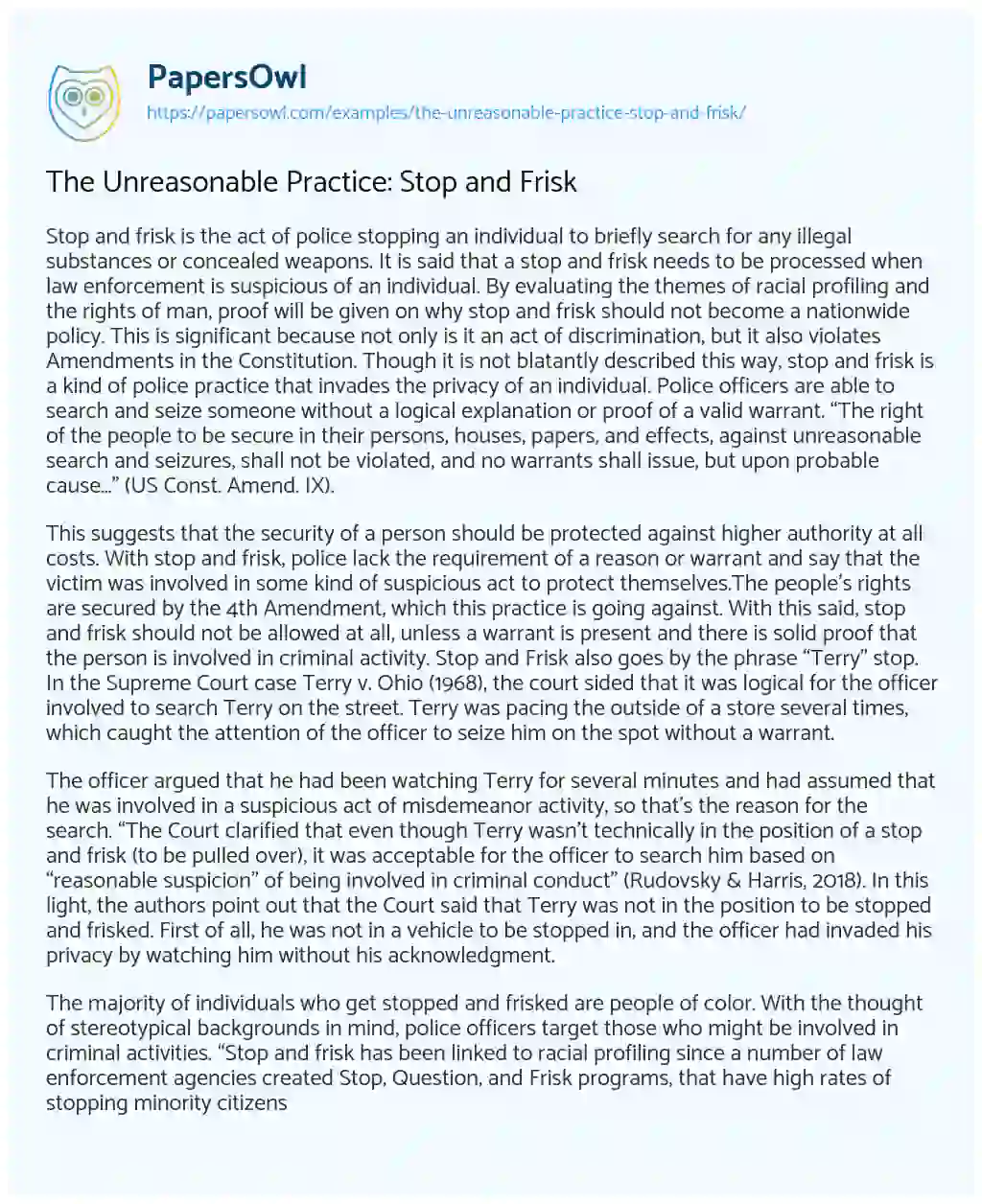Essay on The Unreasonable Practice: Stop and Frisk