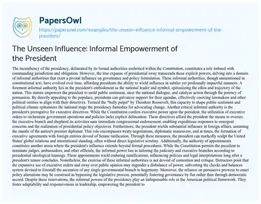 Essay on The Unseen Influence: Informal Empowerment of the President