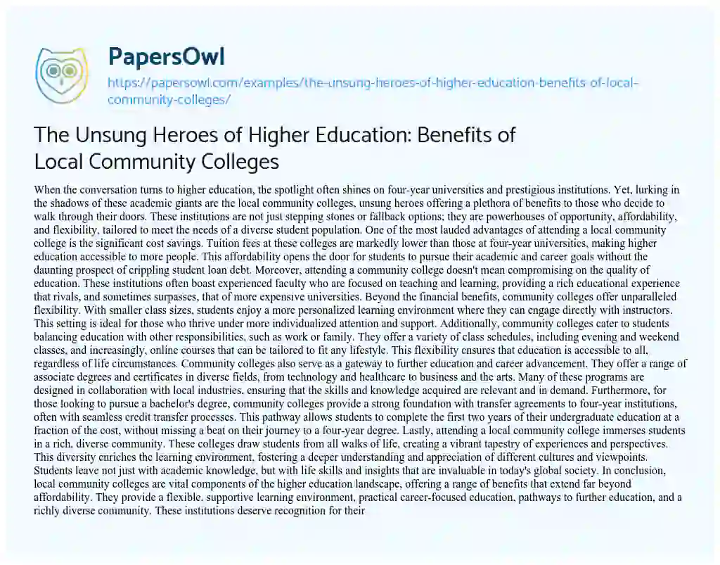 Essay on The Unsung Heroes of Higher Education: Benefits of Local Community Colleges