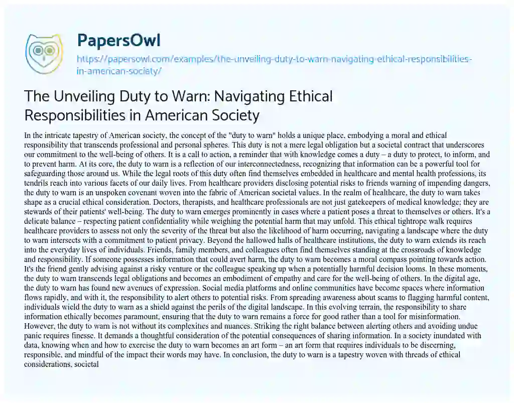 Essay on The Unveiling Duty to Warn: Navigating Ethical Responsibilities in American Society