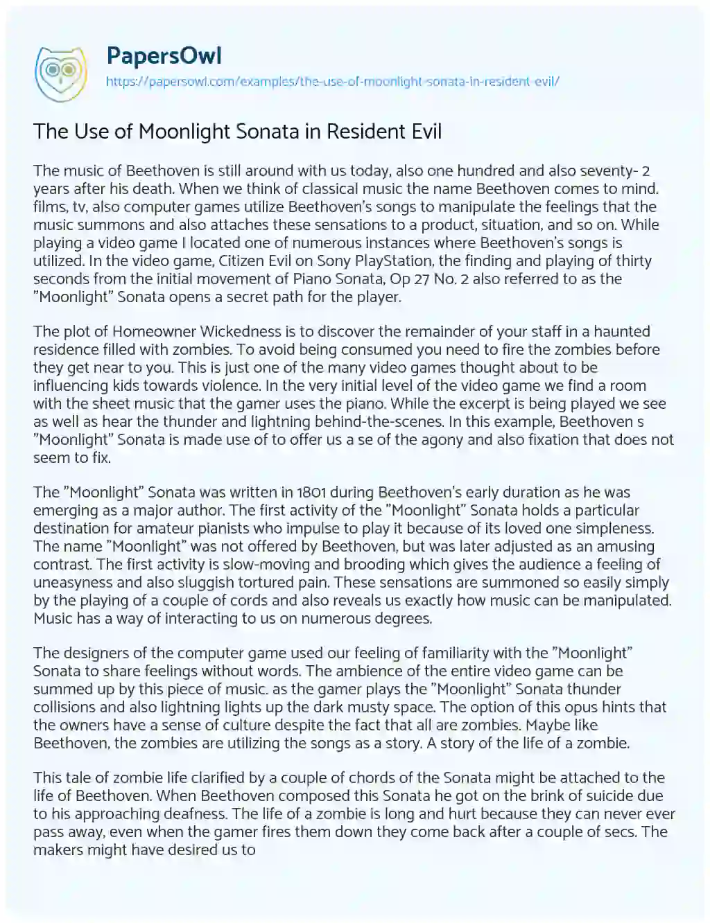 Essay on The Use of Moonlight Sonata in Resident Evil