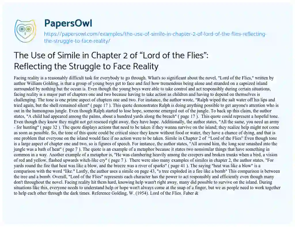 Essay on The Use of Simile in Chapter 2 of “Lord of the Flies”: Reflecting the Struggle to Face Reality