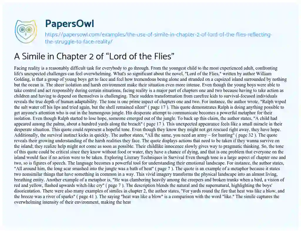 Essay on The Use of Simile in Chapter 2 of “Lord of the Flies”: Reflecting the Struggle to Face Reality