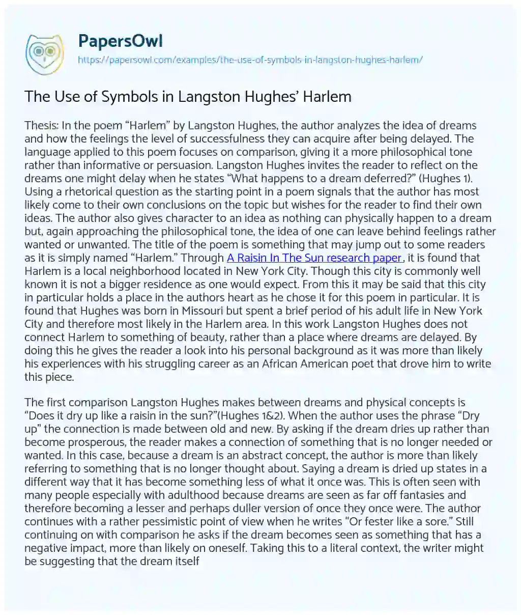 The Use of Symbols in Langston Hughes’ Harlem essay