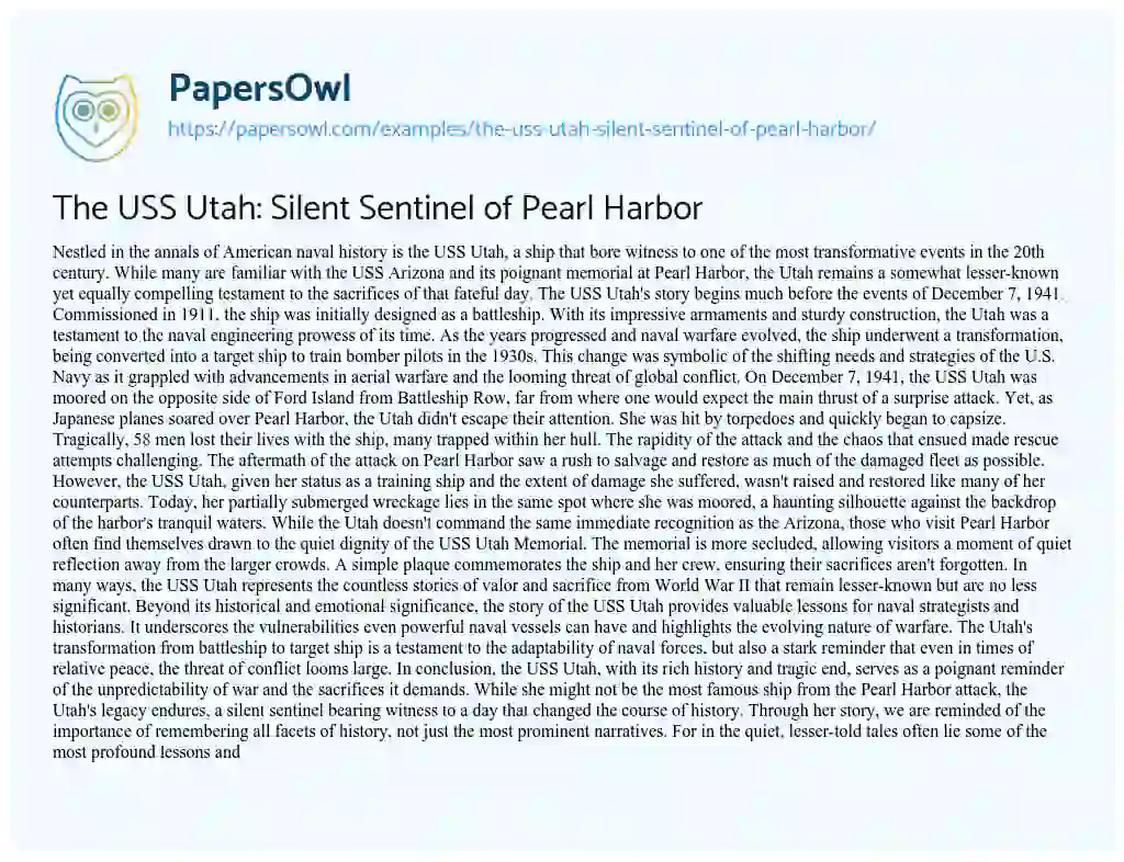 Essay on The USS Utah: Silent Sentinel of Pearl Harbor