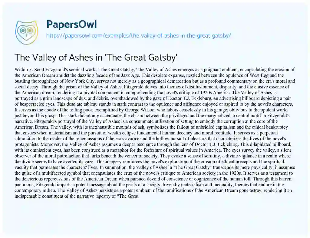 Essay on The Valley of Ashes in ‘The Great Gatsby’