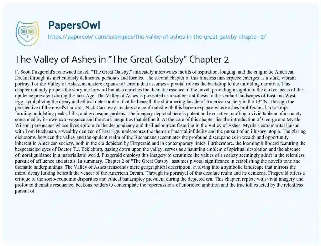 Essay on The Valley of Ashes in “The Great Gatsby” Chapter 2
