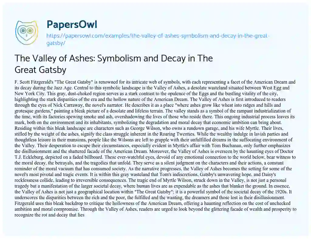 Essay on The Valley of Ashes: Symbolism and Decay in the Great Gatsby