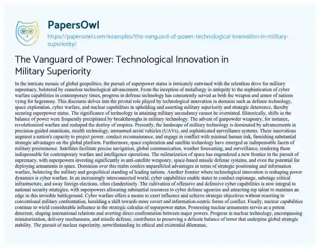 Essay on The Vanguard of Power: Technological Innovation in Military Superiority