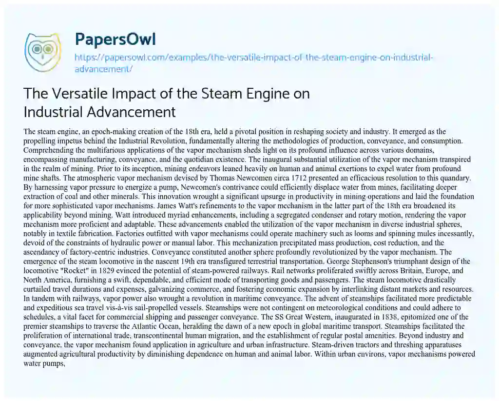 Essay on The Versatile Impact of the Steam Engine on Industrial Advancement