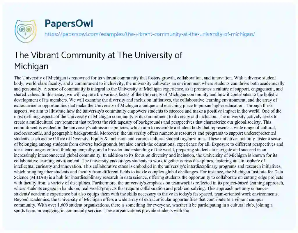Essay on The Vibrant Community at The University of Michigan