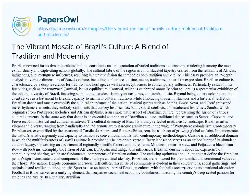 Essay on The Vibrant Mosaic of Brazil’s Culture: a Blend of Tradition and Modernity