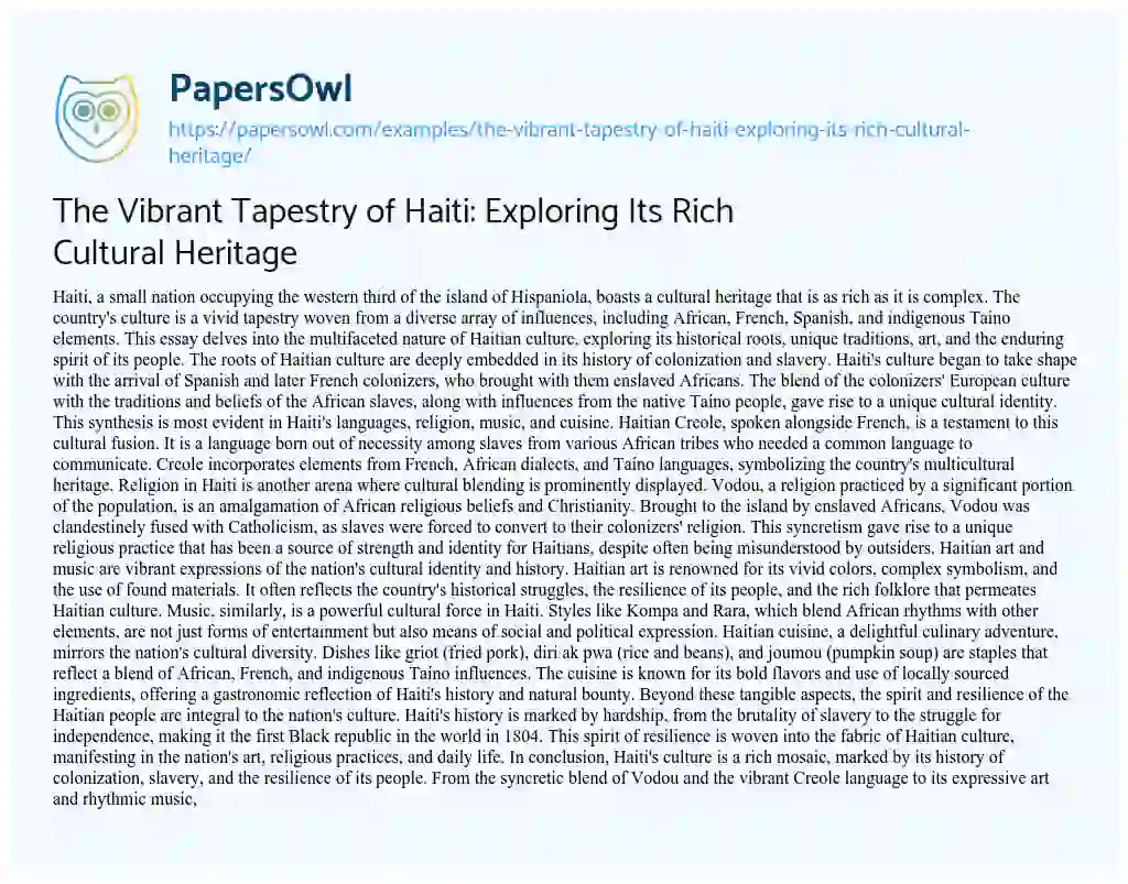 Essay on The Vibrant Tapestry of Haiti: Exploring its Rich Cultural Heritage