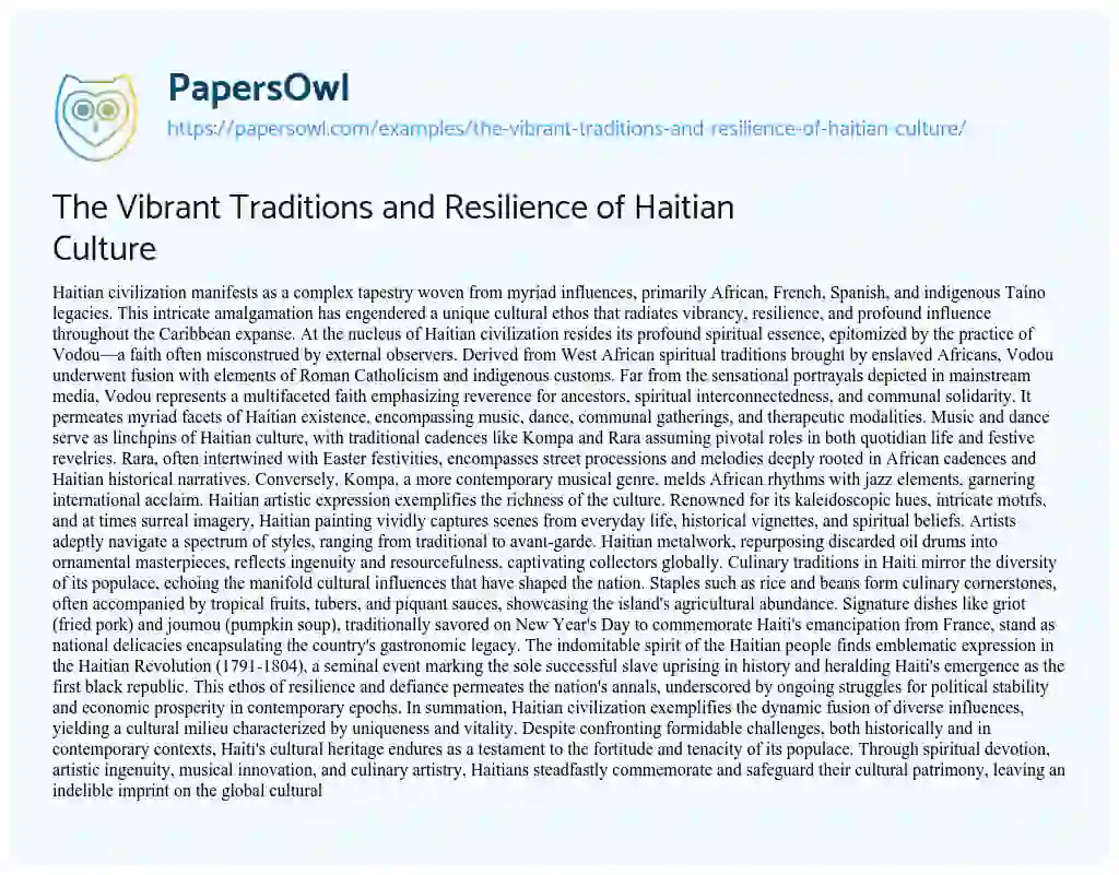 Essay on The Vibrant Traditions and Resilience of Haitian Culture
