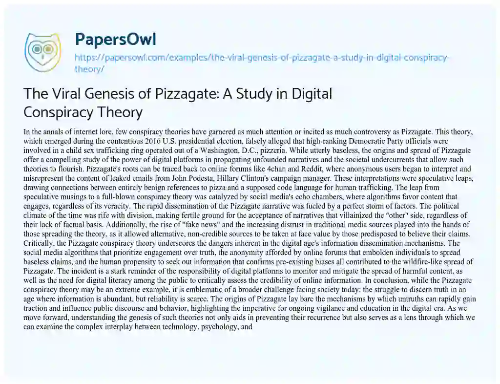 Essay on The Viral Genesis of Pizzagate: A Study in Digital Conspiracy Theory
