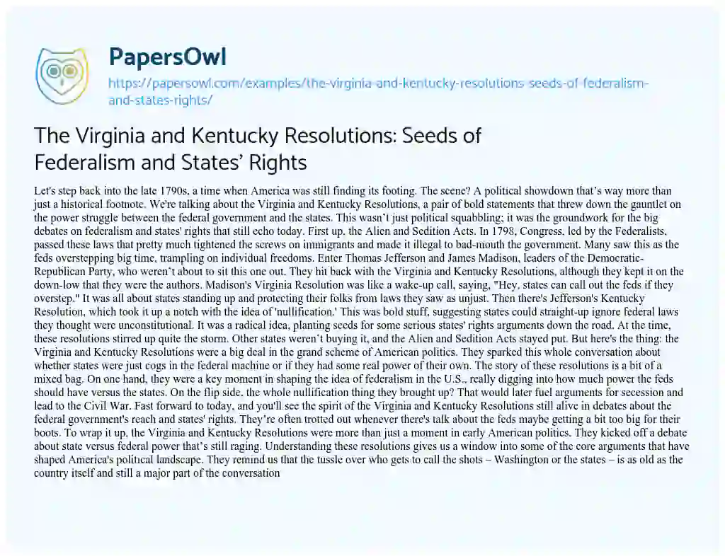 Essay on The Virginia and Kentucky Resolutions: Seeds of Federalism and States’ Rights