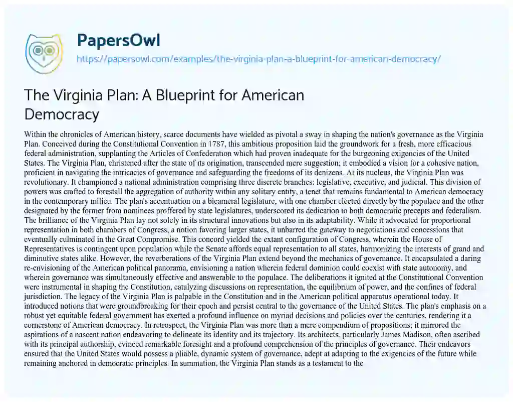 Essay on The Virginia Plan: a Blueprint for American Democracy