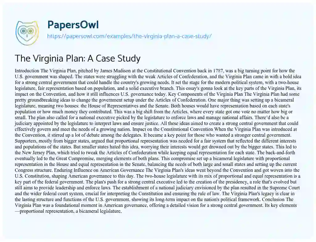 Essay on The Virginia Plan: a Case Study