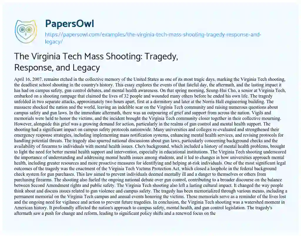 Essay on The Virginia Tech Mass Shooting: Tragedy, Response, and Legacy