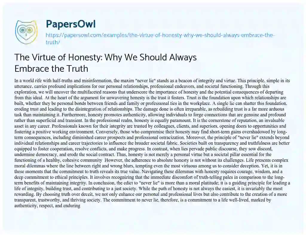 Essay on The Virtue of Honesty: why we should Always Embrace the Truth
