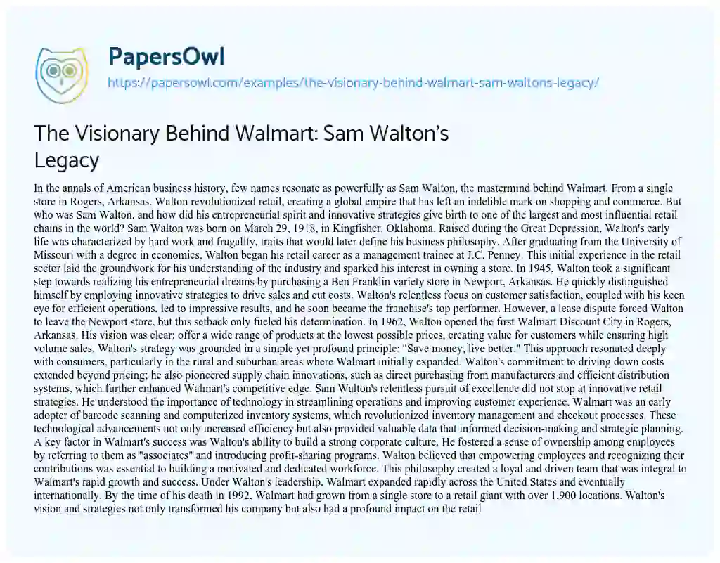 Essay on The Visionary Behind Walmart: Sam Walton’s Legacy