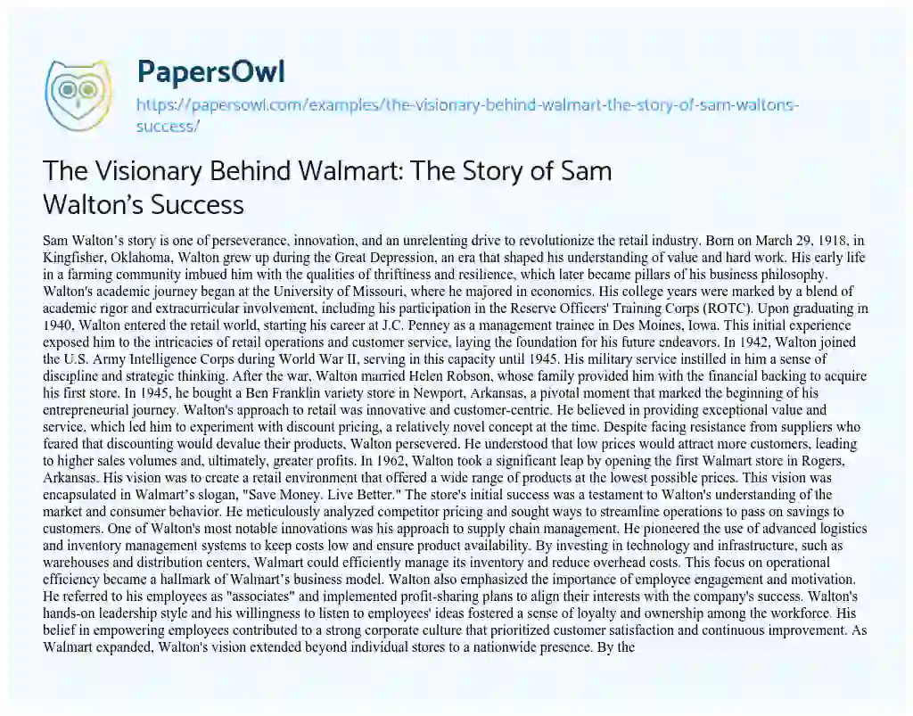 Essay on The Visionary Behind Walmart: the Story of Sam Walton’s Success