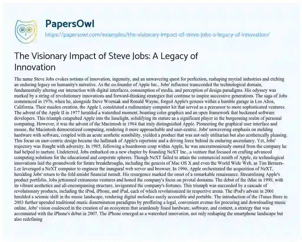 Essay on The Visionary Impact of Steve Jobs: a Legacy of Innovation