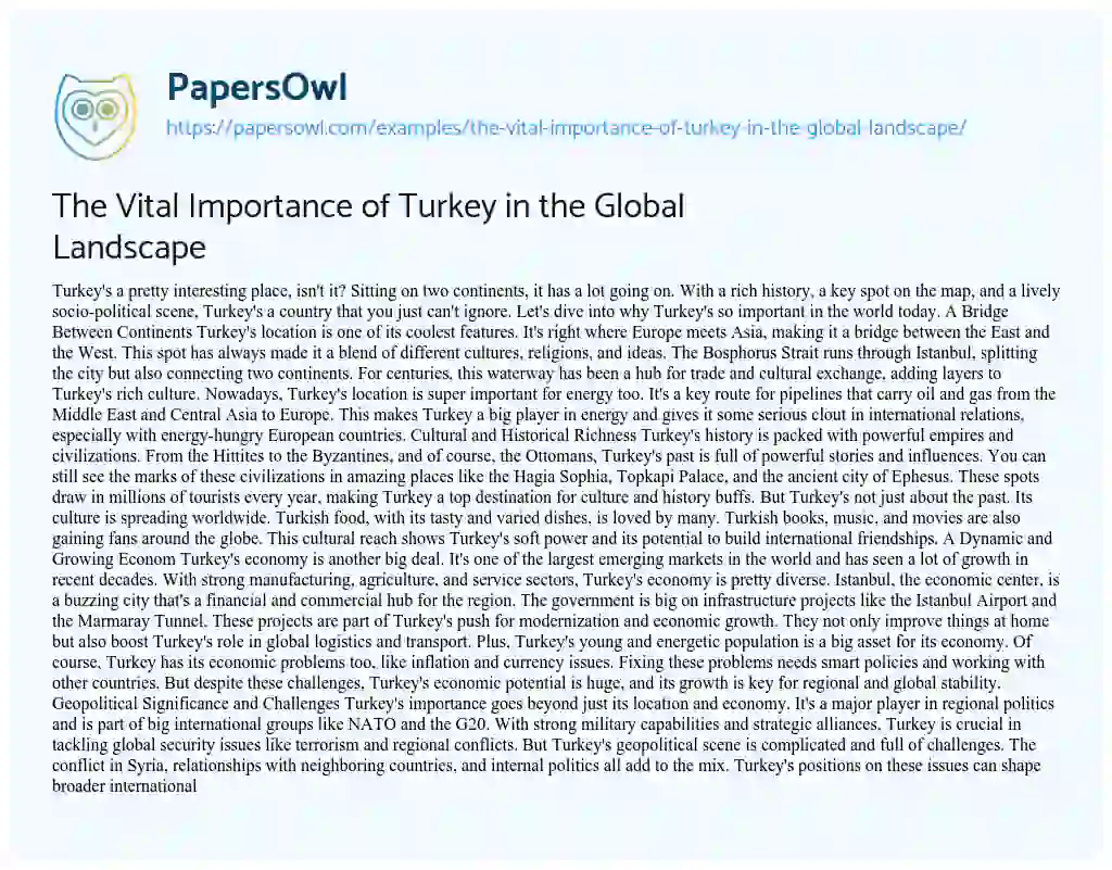 Essay on The Vital Importance of Turkey in the Global Landscape