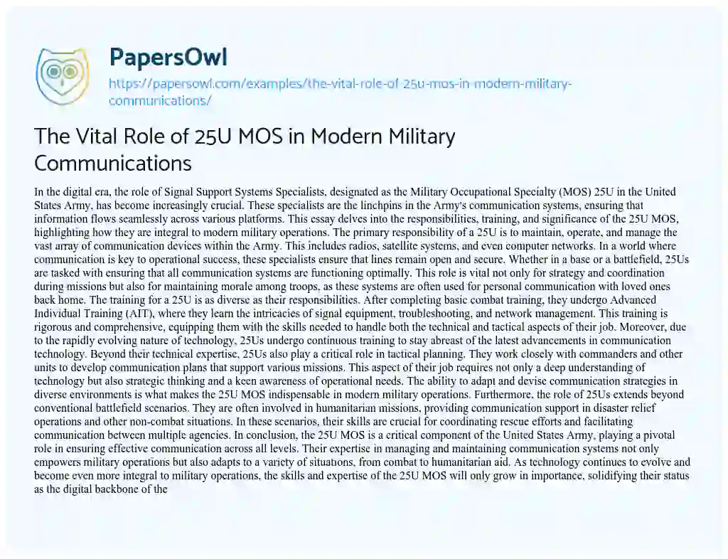 Essay on The Vital Role of 25U MOS in Modern Military Communications