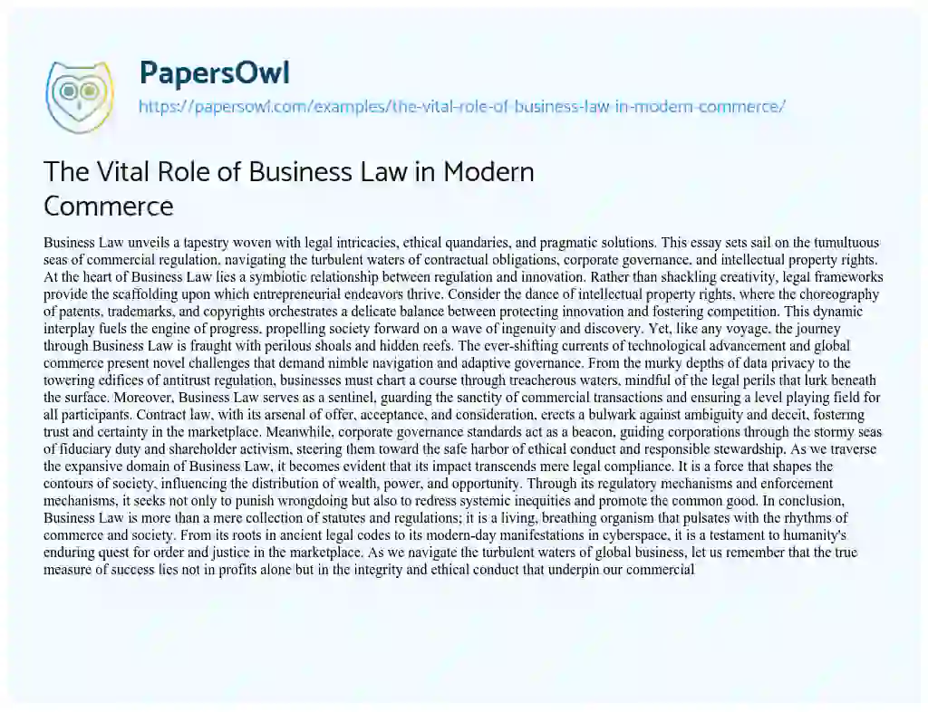 Essay on The Vital Role of Business Law in Modern Commerce
