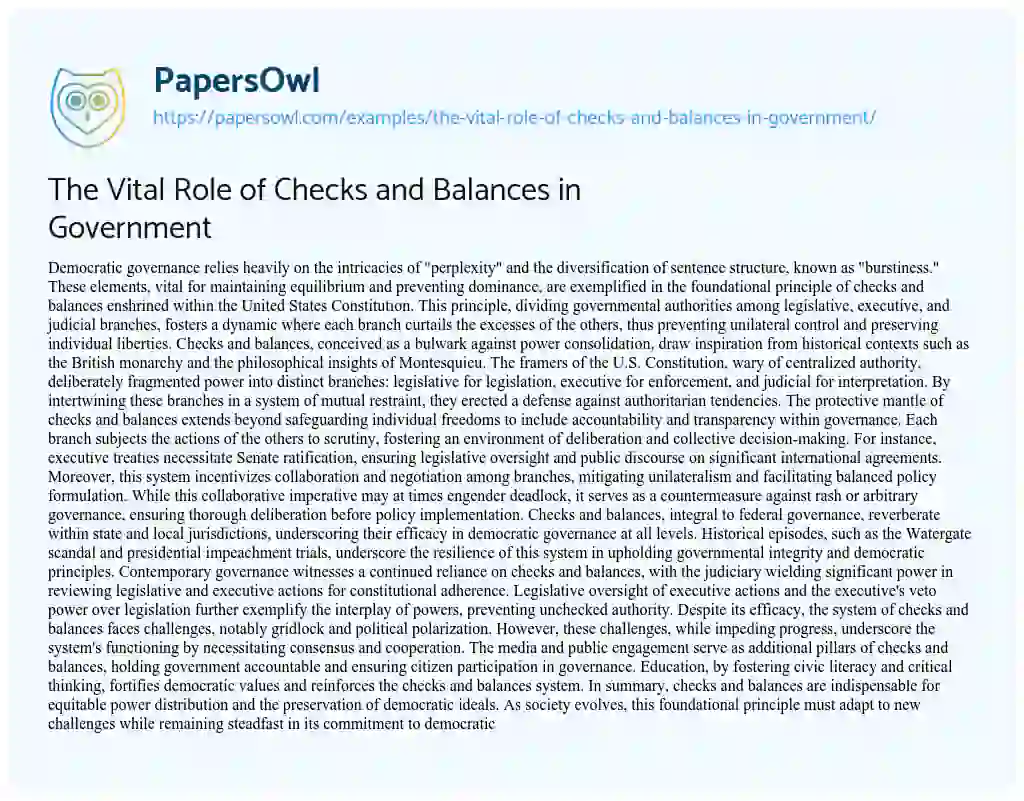 Essay on The Vital Role of Checks and Balances in Government