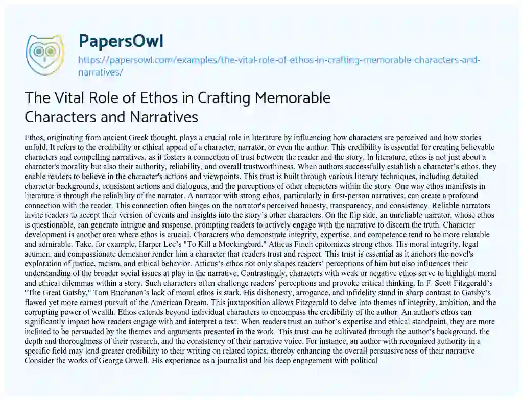 Essay on The Vital Role of Ethos in Crafting Memorable Characters and Narratives