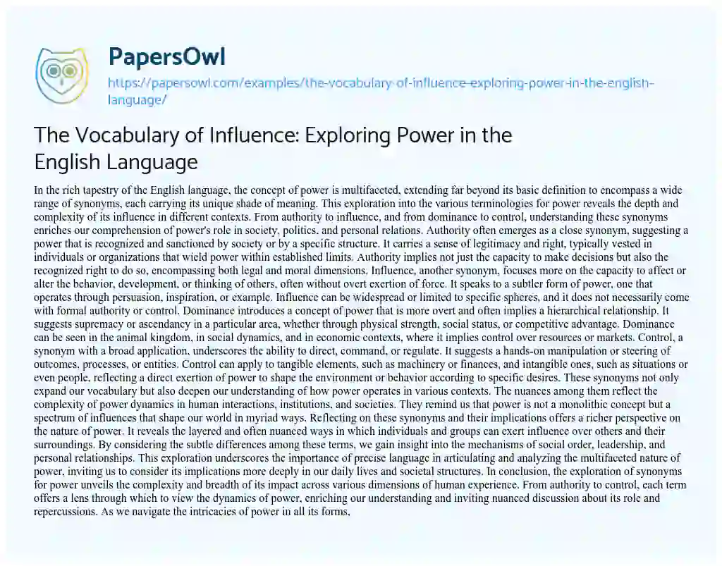 Essay on The Vocabulary of Influence: Exploring Power in the English Language