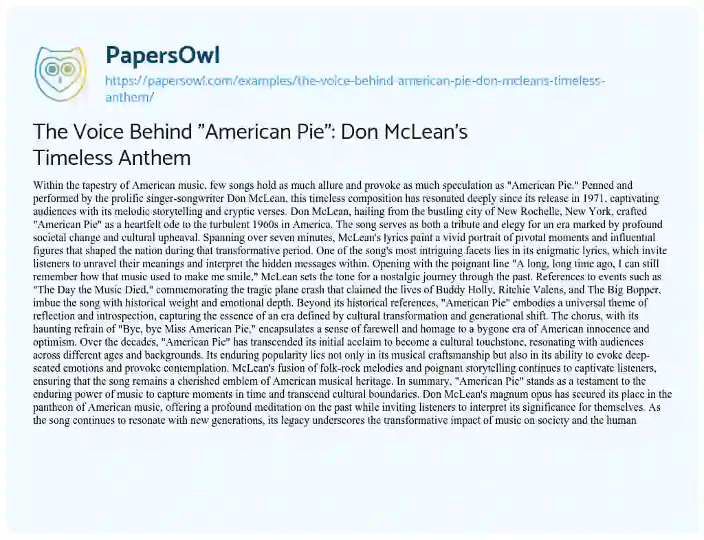 Essay on The Voice Behind “American Pie”: Don McLean’s Timeless Anthem